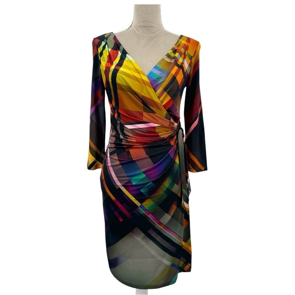 Lucian Matis Wrap Front Sheath Dress Art to Wear - Black Multicolor Plaid -Small